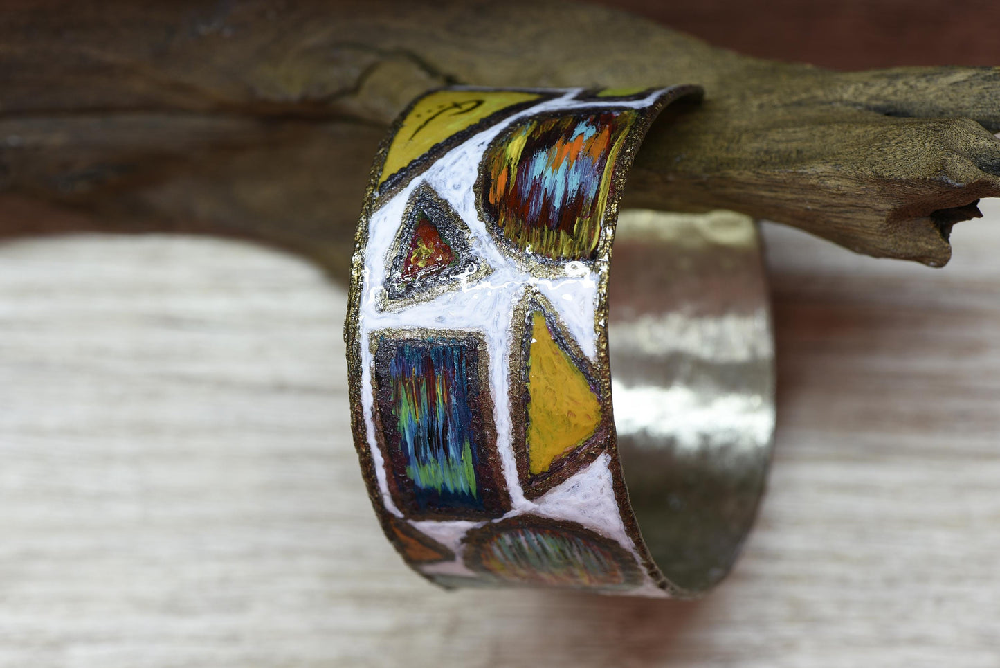 Hand Painted Alpaca Cuff Bracelet Geometric Mosaic Art Jewelry