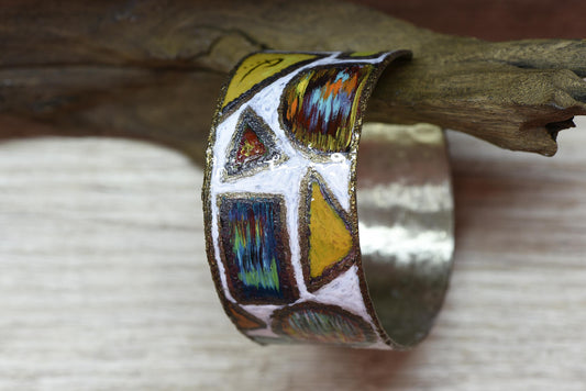 Hand Painted Alpaca Cuff Bracelet Geometric Mosaic Art Jewelry