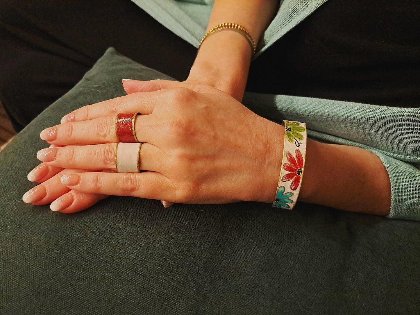 Hand Painted Alpaca Cuff Bracelet Floral Colorful Art Jewelry