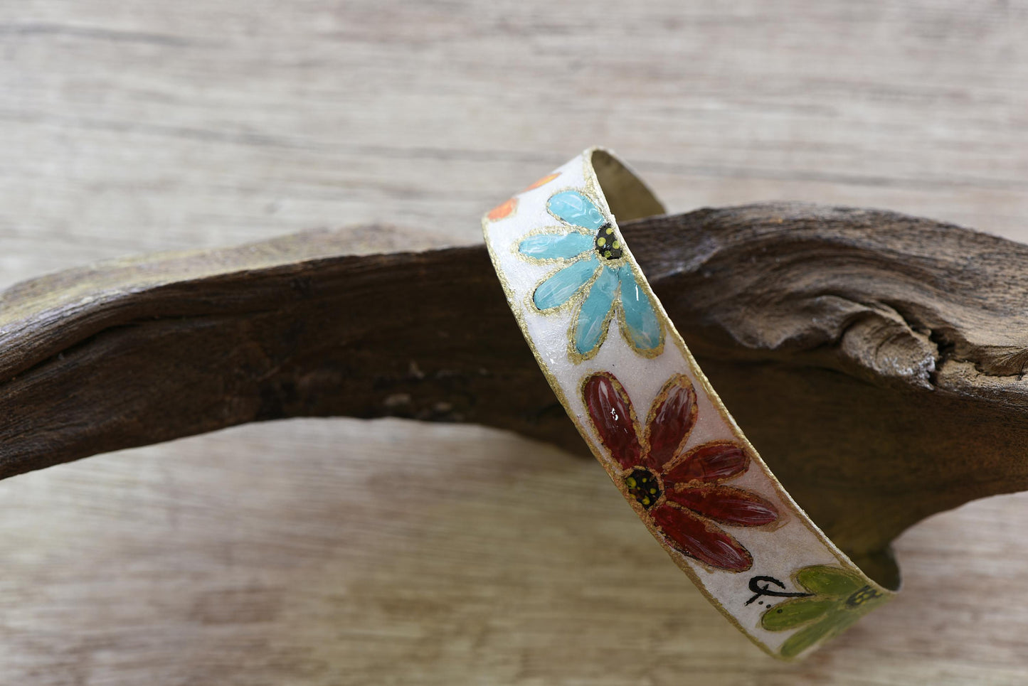 Hand Painted Alpaca Cuff Bracelet Floral Colorful Art Jewelry
