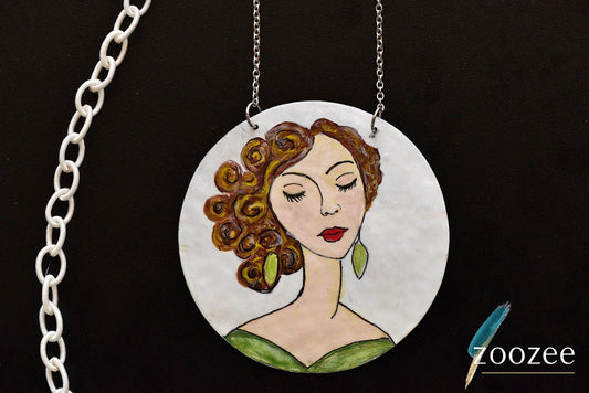 Painting on Metal Necklace Handpainted Female Portrait Pendant Artistic Statement Jewelry