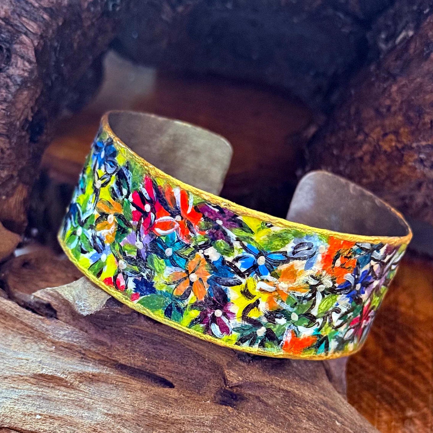 Handpainted Metal Cuff Bracelet – Abstract One of a Kind Jewellery – Contemporary Wearable Art – Alpaca Bracelet