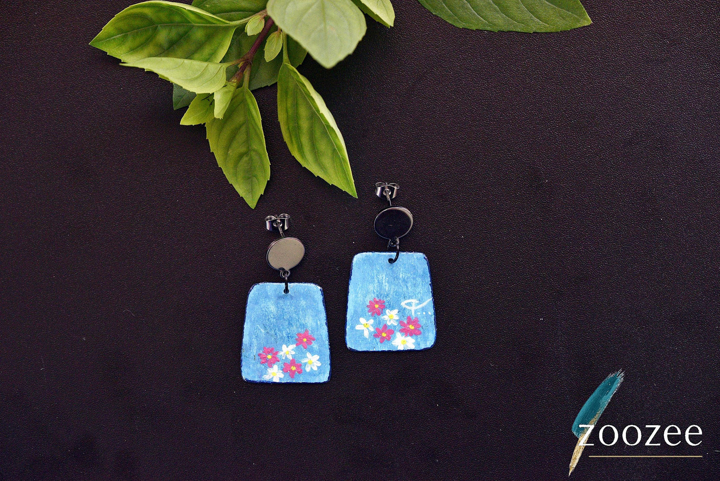Hand Painted Blue Floral Earrings Minimal Elegant Statement Jewelry