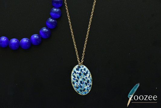 Hand Painted Blue Speckled Oval Pendant Necklace Abstract Art Jewelry