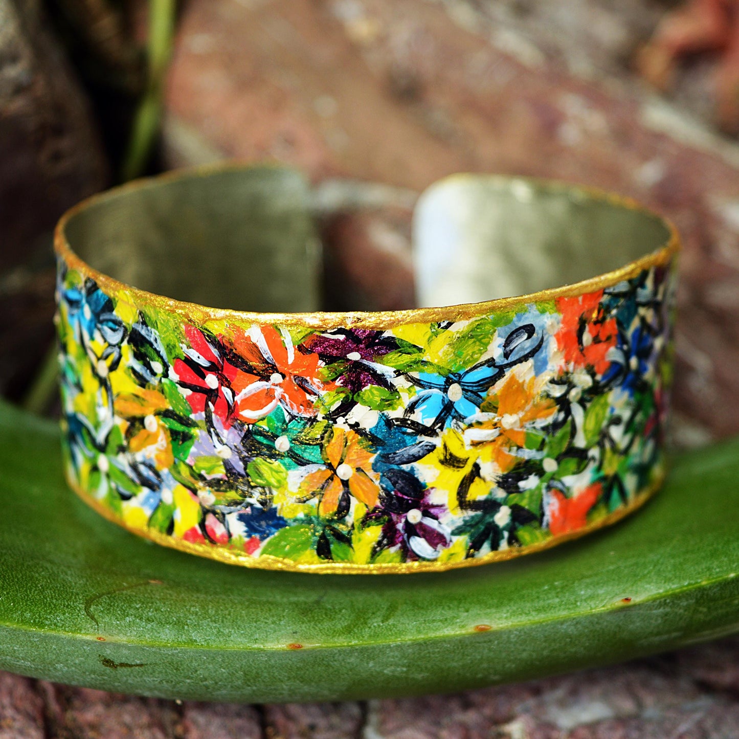 Handpainted Metal Cuff Bracelet – Abstract One of a Kind Jewellery – Contemporary Wearable Art – Alpaca Bracelet