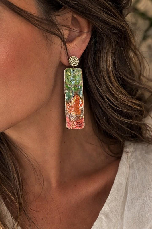 Textured Landscape Earrings, Green Gold Alpaca Jewelry, Handmade Artistic Statement Gift