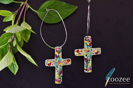 Cross Earrings Painting On Metal Colorful Abstract Statement Jewelry