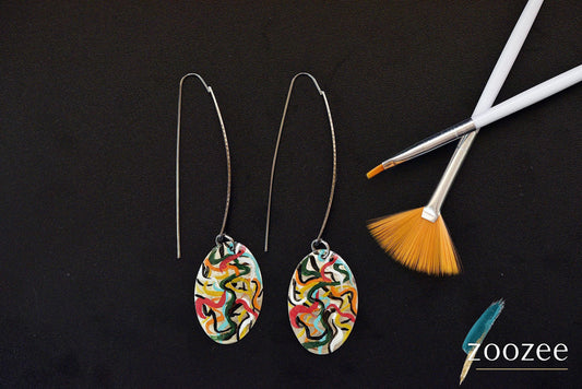 Abstract Oval Drop Earrings Colorful Artistic Handmade Statement Jewelry