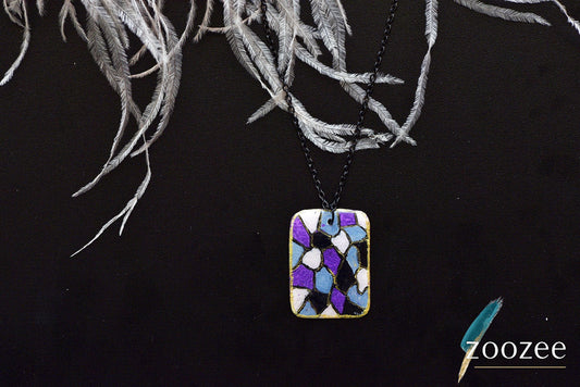 Geometric Mosaic Pendant Necklace Purple Blue Alpaca Metal Jewelry