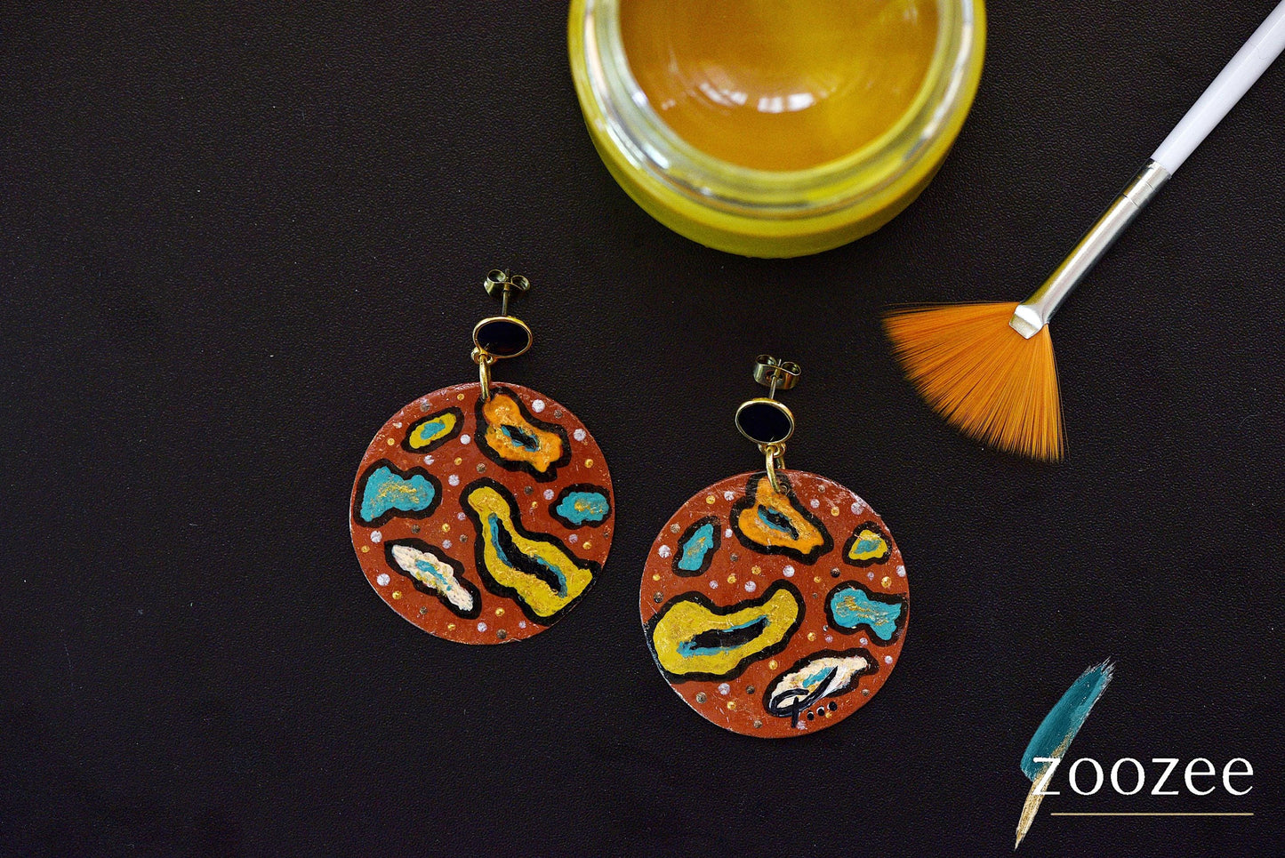 Hand Painted Round Earrings Abstract Organic Shapes Colorful Art Jewelry