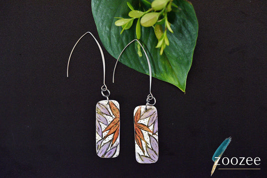 Hand Painted Metal Earrings Botanical Rectangle Minimal Artistic Elegant Jewelry